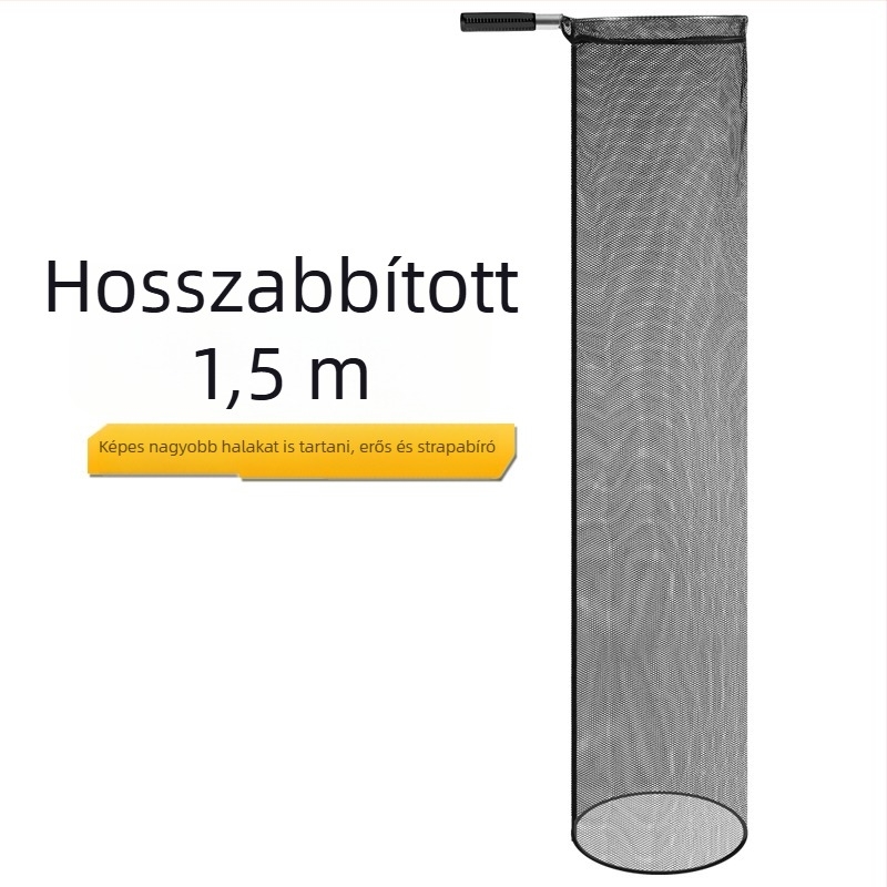 Nemesacélból készült horgász háló, fin szemű háló, karika átmérője 30, háló mélysége 1,5 m, teherbírás 20