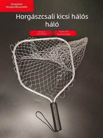 Kézzel készített rövid nyeles horgászháló, nagy szemű háló és kötött fej
