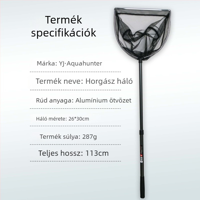 YJ Aquahunter Új japán stílusú lapos fejű háló, teleszkópos, összecsukható, 2 szakasz, 113 mm, alumíniumötvözet, halászatra és rákfogásra