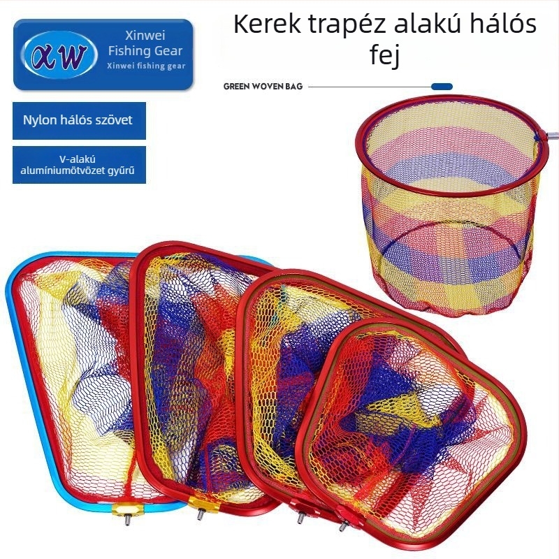 Színes sávos mély halász háló, vastag alumíniumötvözet fejjel, apró szemű háló nagy halakhoz, kör- vagy trapéz alakú hálónyílás