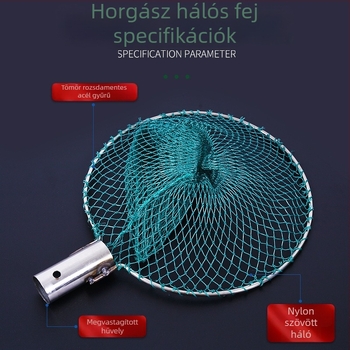 Rozsdamentes acélból készült halászhálófej hüvelyével, kis szemű háló, tömör háló, fa nyéllel, integrált gyűrűvel