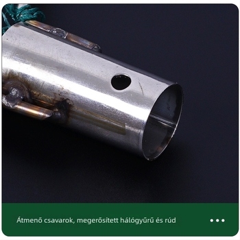 Rozsdamentes acélból készült halászhálófej hüvelyével, kis szemű háló, tömör háló, fa nyéllel, integrált gyűrűvel