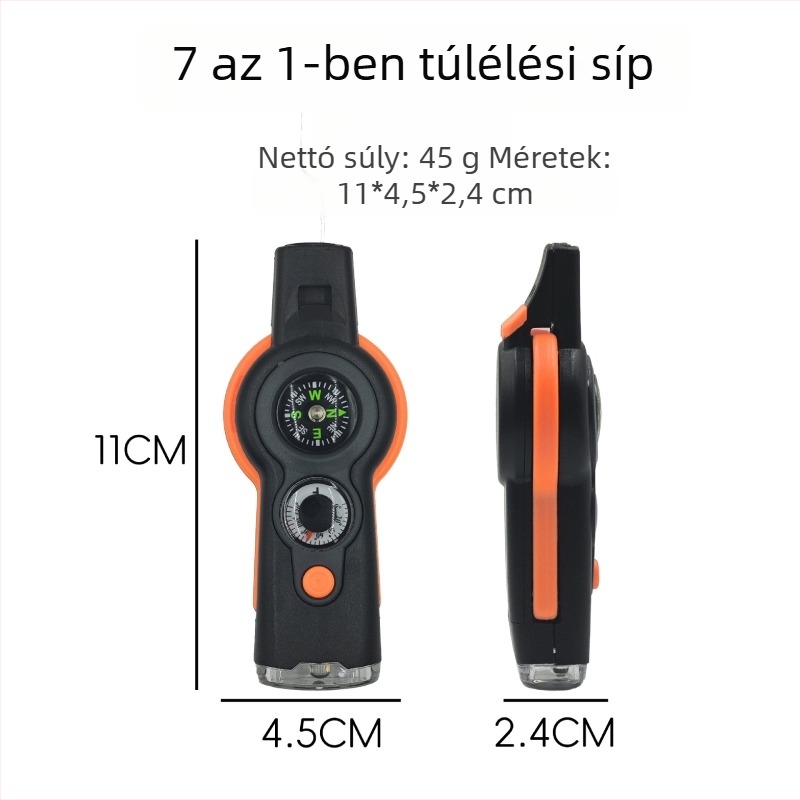 Hetes az egyben túlélő eszköz: LED világítás, iránytű, síp és hőmérő kültéri kempinghez