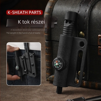 Szabadidős túlélő eszköz – mindent egyben: magnézium tűzgyújtó, kovakő, iránytű, síp; rozsdamentes acél