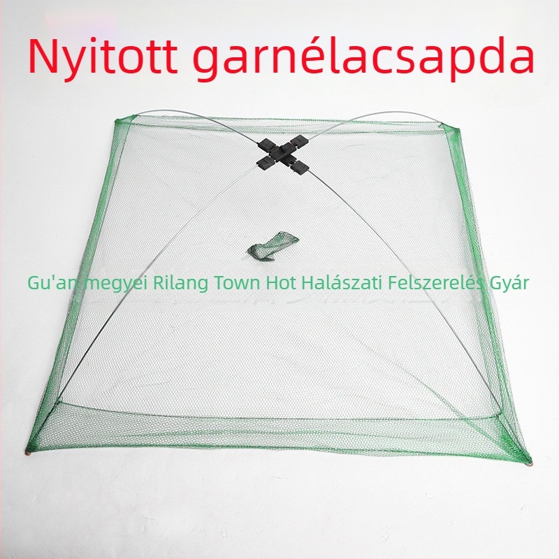 Nyitott garnélafogó kosár halászhálóval