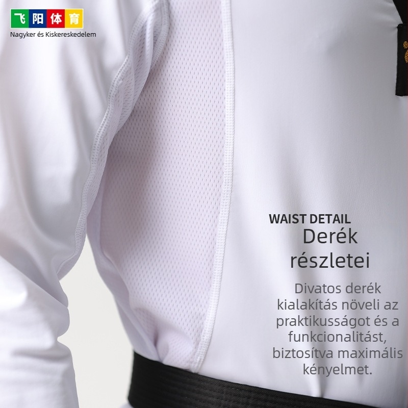Taekwondo versenyruha, testhez álló, nylon/spandex 80/20, légáteresztő háló, gyorsan száradó anyag