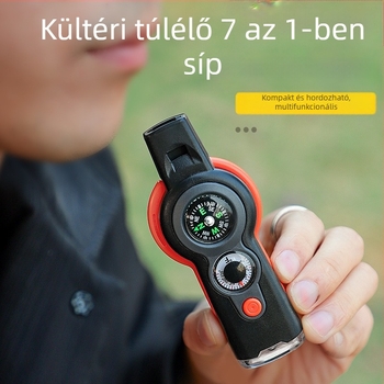 Kültéri hét az egyben multifunkcionális síp LED‑fénnyel, hőmérővel és iránytűvel vészhelyzeti túléléshez.