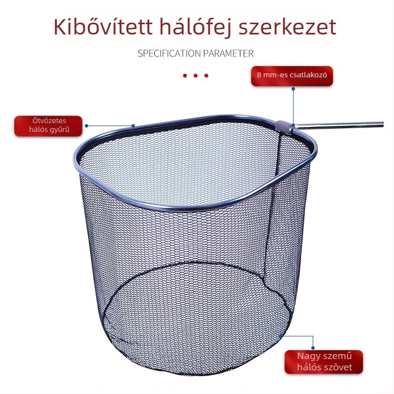 Nylon horgászháló mélyített hálófejjel és megerősített ötvözetű csatlakozással, mélység 50, teherbírás 20.
