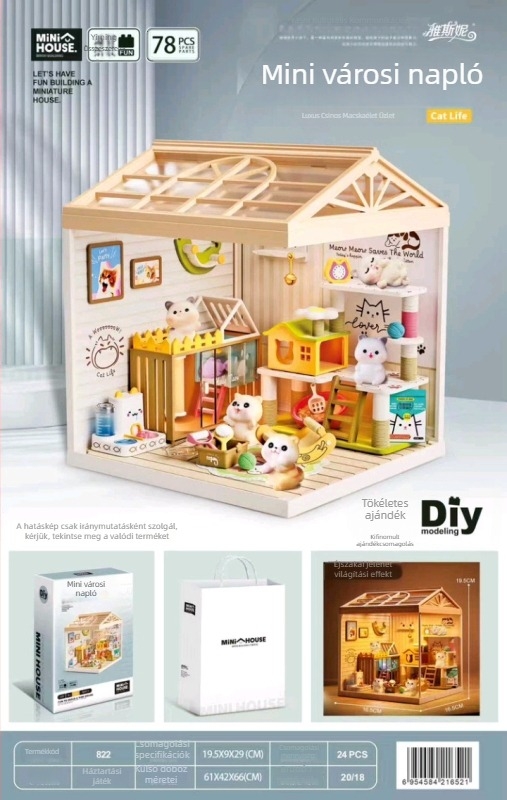 3D összerakható puzzle – DIY mini ház modell, jelenet macska-kávézó és pékség, műanyag kivitel, 14+ éveseknek