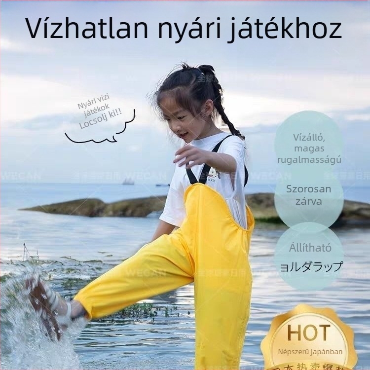 Gyerekeknek készült esőruha garnitúra pántokkal és esőnadrággal, vízálló teljes szett, külön részekben, Chunya Spinning anyag, PU ragasztó réteg, anyag vastagsága 0.14