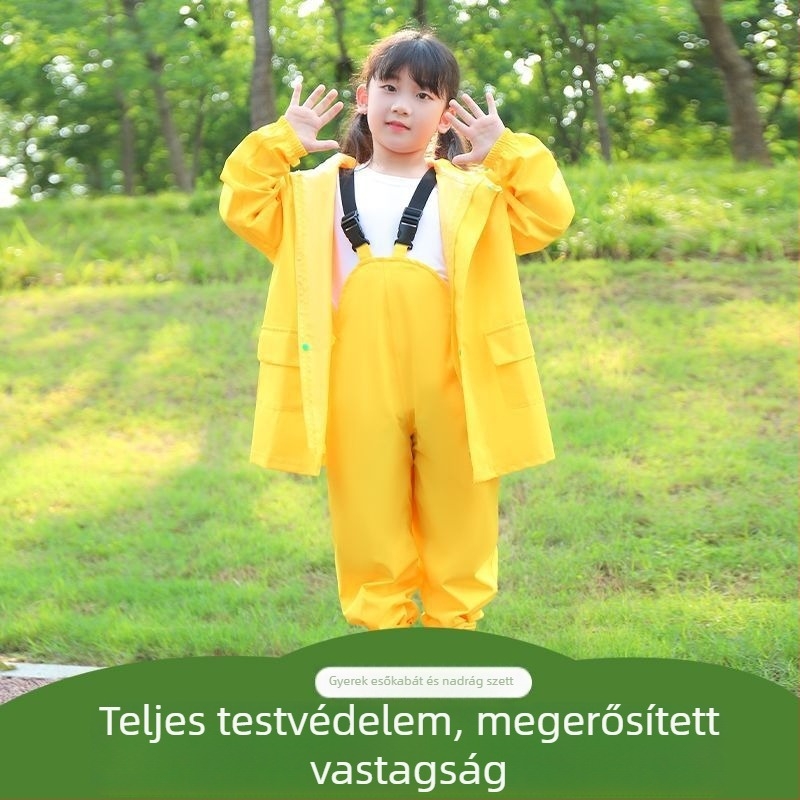 Gyerekeknek készült esőruha garnitúra pántokkal és esőnadrággal, vízálló teljes szett, külön részekben, Chunya Spinning anyag, PU ragasztó réteg, anyag vastagsága 0.14