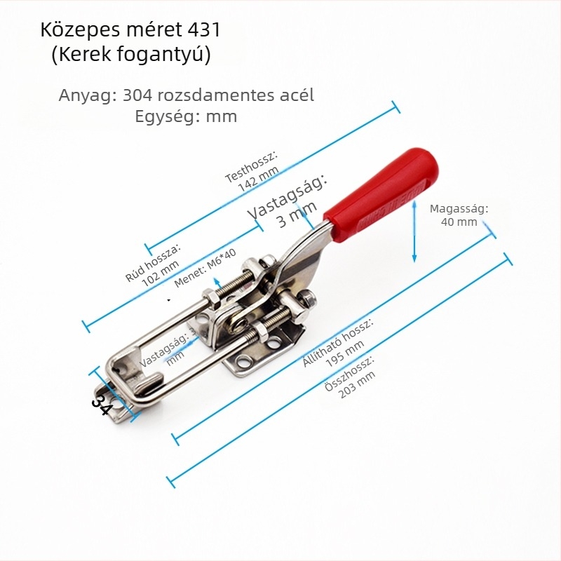 Gomb típusú zárcsipesz, 304 rozsdamentes acél és galvanizált vas, modellek 40323, 431, 40341