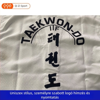 Taekwondo felső elülső hímzéssel és hátsó nyomtatással; hemp blend anyag; 20% acetát rost; bélés 20% spandex