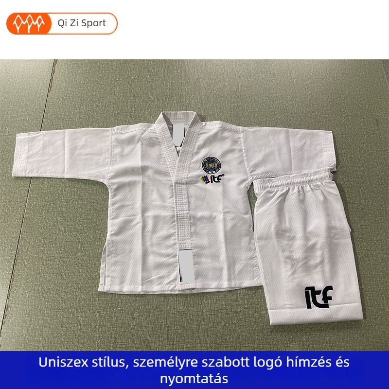 Taekwondo felső elülső hímzéssel és hátsó nyomtatással; hemp blend anyag; 20% acetát rost; bélés 20% spandex