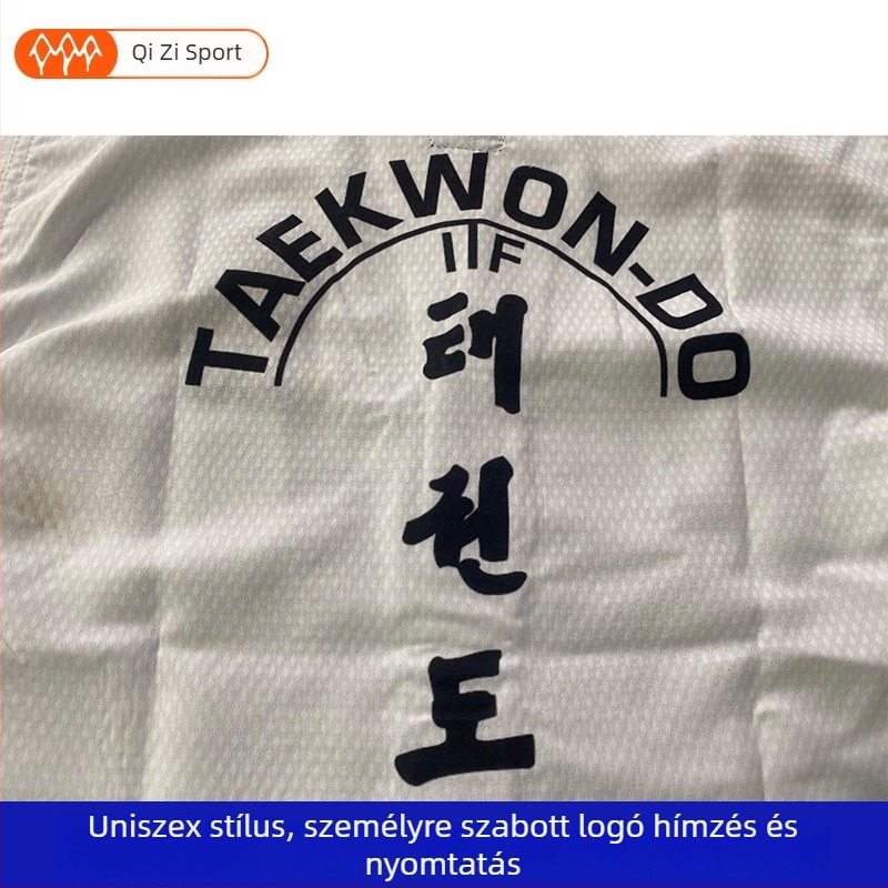 Taekwondo felső elülső hímzéssel és hátsó nyomtatással; hemp blend anyag; 20% acetát rost; bélés 20% spandex