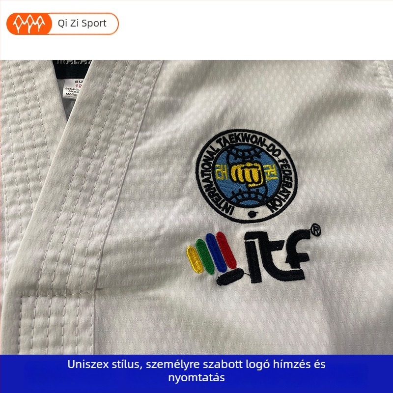 Taekwondo felső elülső hímzéssel és hátsó nyomtatással; hemp blend anyag; 20% acetát rost; bélés 20% spandex