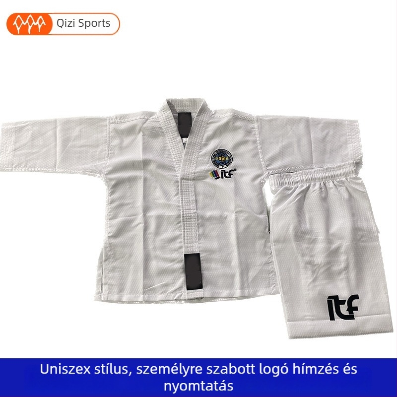 Taekwondo felső elülső hímzéssel és hátsó nyomtatással; hemp blend anyag; 20% acetát rost; bélés 20% spandex