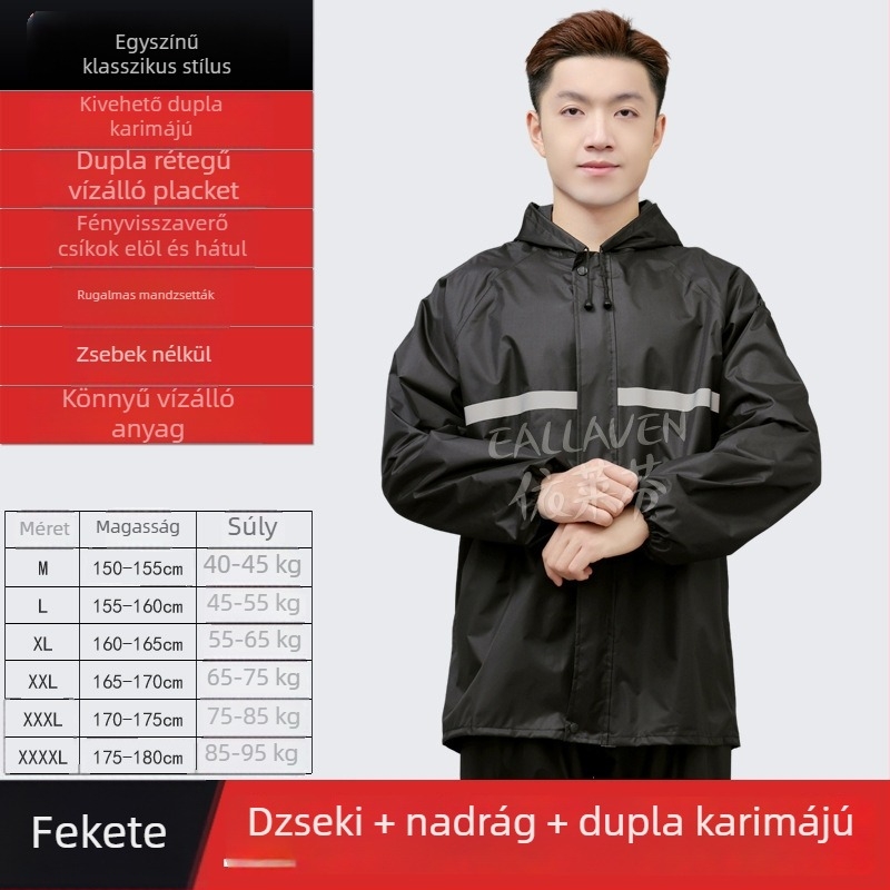 Férfi esőkabát és esőnadrág szett, szétválasztott dizájnnal, kiszállítók számára, alkalmas motorokra és elektromos járművekre
