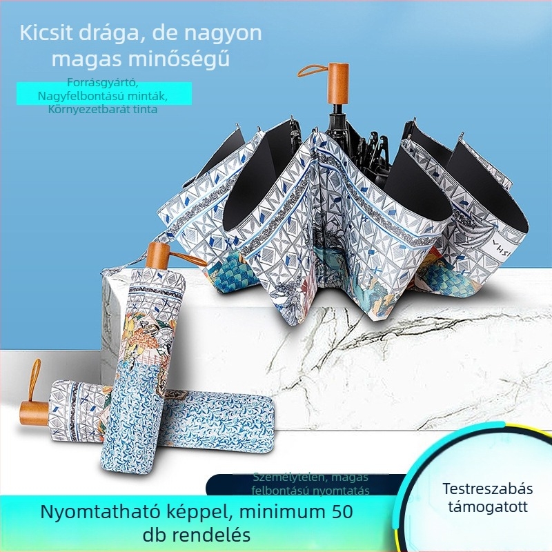 Testreszabott digitálisan nyomtatott összecsukható esernyő fa fogantyúval, vinil borítással, 8 bordázat, acél tengely, kézi nyitás-zárás