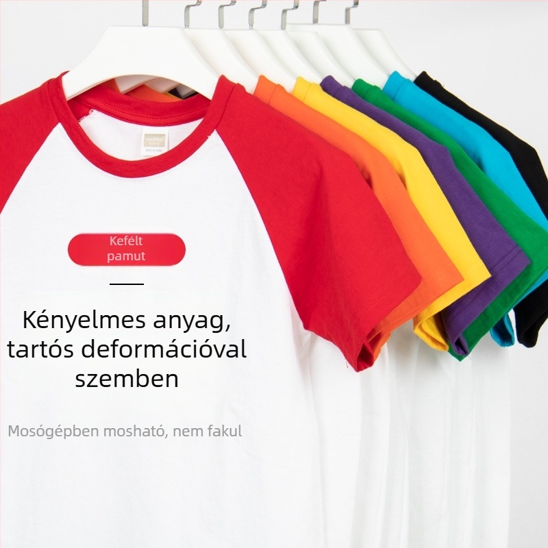 Személyre szabott munkahelyi póló raglán rövid ujjú, logóval nyomtatva, 96% pamut, 250-300 g/m2, kerek nyak.
