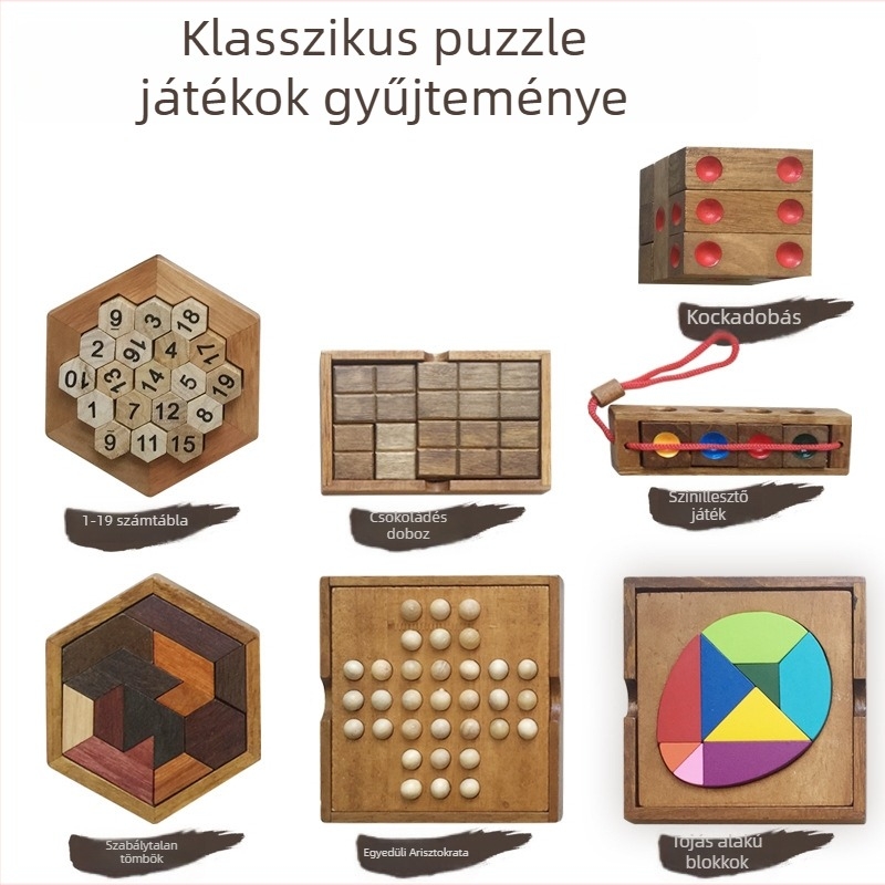 Fából készült fejtörő szabálytalan formájú elemekkel, csúszkáló rejtvény és tic-tac-toe-stílusú játék felnőtteknek