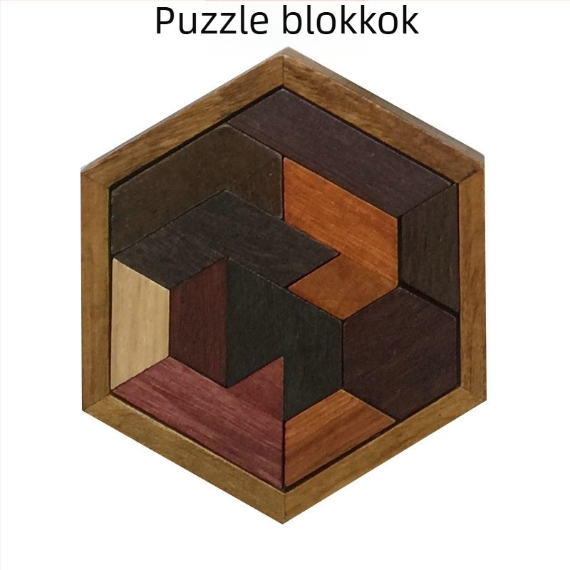 Fából készült fejtörő szabálytalan formájú elemekkel, csúszkáló rejtvény és tic-tac-toe-stílusú játék felnőtteknek