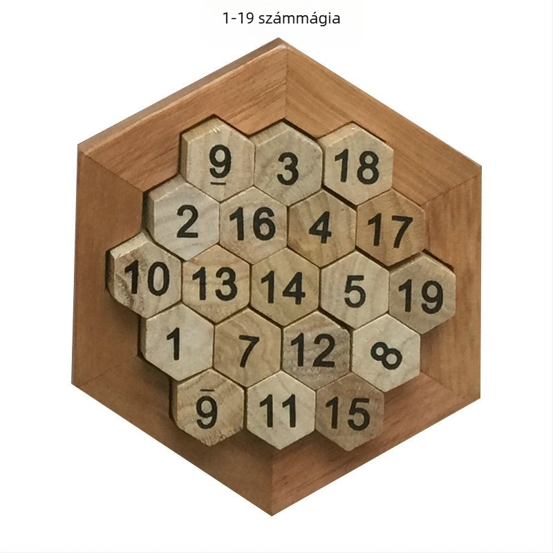Fából készült fejtörő szabálytalan formájú elemekkel, csúszkáló rejtvény és tic-tac-toe-stílusú játék felnőtteknek
