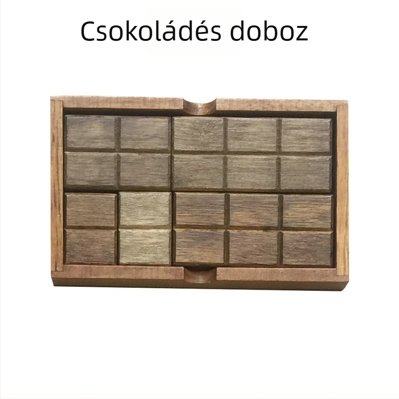 Fából készült fejtörő szabálytalan formájú elemekkel, csúszkáló rejtvény és tic-tac-toe-stílusú játék felnőtteknek