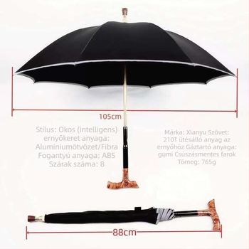 Leválasztható járóesernyő idős személyeknek, crutch-stílusú nyéllel, 8-szárú acélváz, Impact Cloth vászon, manuális nyitás-zárás