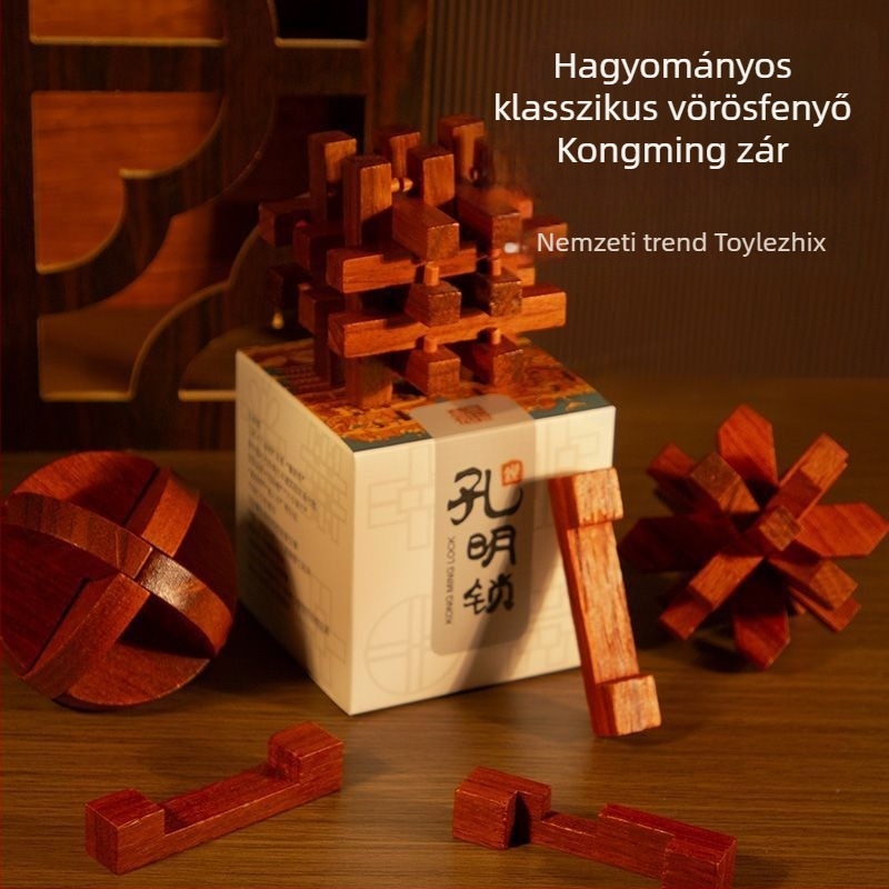 Kong Ming záras fa puzzle – mortise and tenon mechanizmus, 7–14 éveseknek, ajándékdobozos csomagolásban
