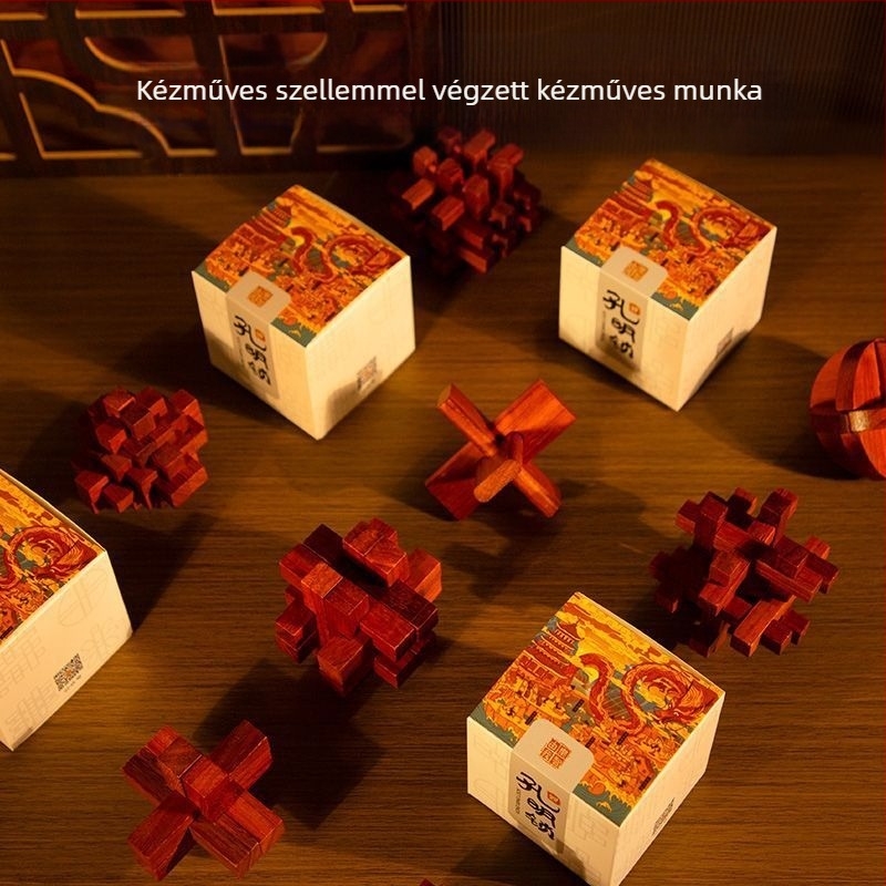 Kong Ming záras fa puzzle – mortise and tenon mechanizmus, 7–14 éveseknek, ajándékdobozos csomagolásban
