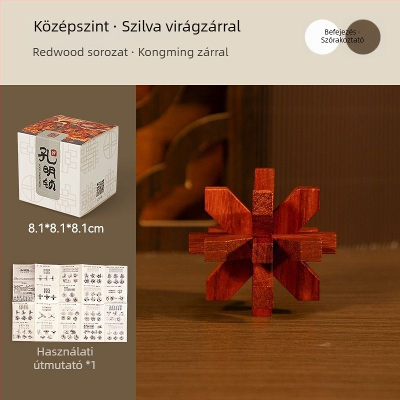 Kong Ming záras fa puzzle – mortise and tenon mechanizmus, 7–14 éveseknek, ajándékdobozos csomagolásban