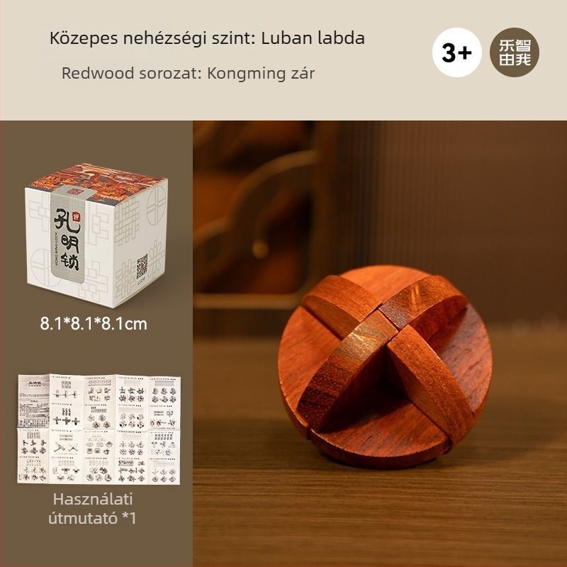 Kong Ming záras fa puzzle – mortise and tenon mechanizmus, 7–14 éveseknek, ajándékdobozos csomagolásban