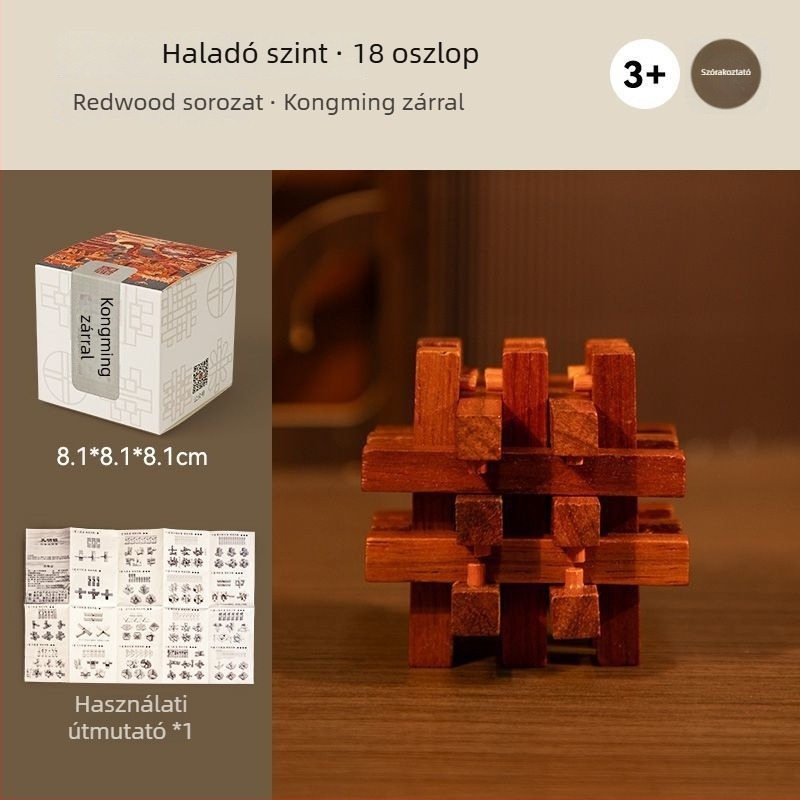 Kong Ming záras fa puzzle – mortise and tenon mechanizmus, 7–14 éveseknek, ajándékdobozos csomagolásban