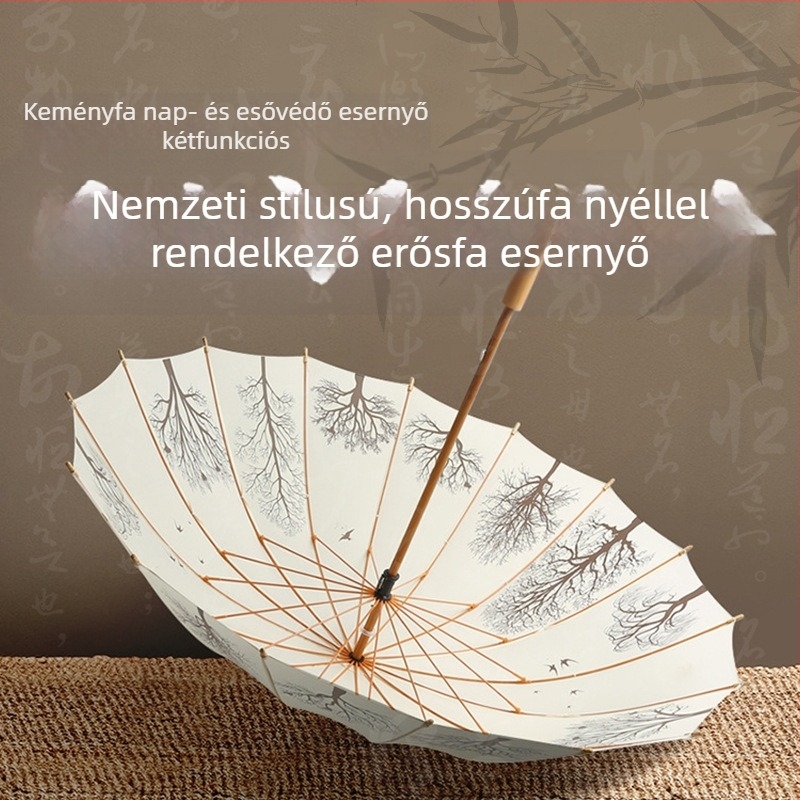 Retro esernyő hosszú nyéllel, tömörfa fogantyú, 16 bordás váz, 210T vászon, kézi nyitás, logó testreszabás