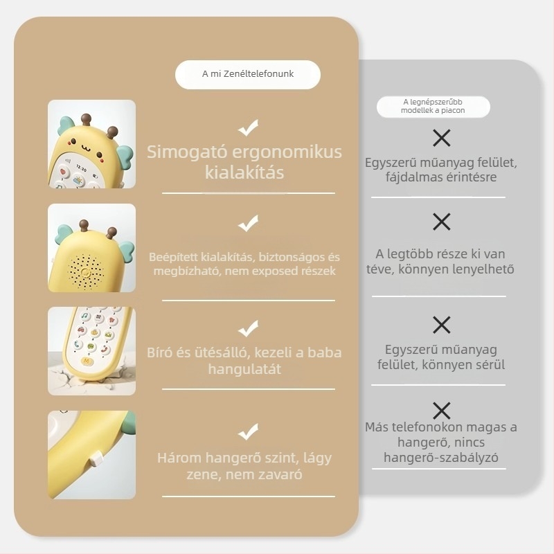Baba telefon játék – többfunkciós oktató telefon zenével és hanggal, műanyagból, elemmel működik, 0-3 éveseknek