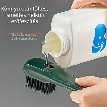 Cipőtisztító kefe folyadékadagoló, nyomásra aktiválható, puha sörtéjű, műanyagból készült, háztartási használatra