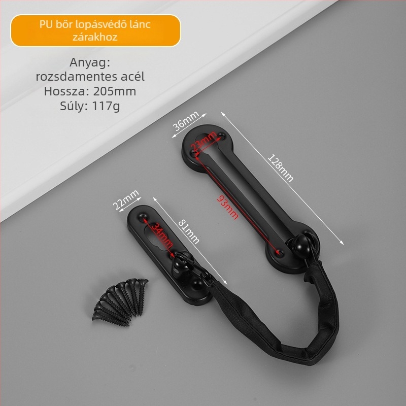 Ajtó antifolt lánc – Type A zár, anyag: rozsdamentes acél / PU bőr, felületkezelés: elektroplakálás / polírozás, modern minimalist stílus