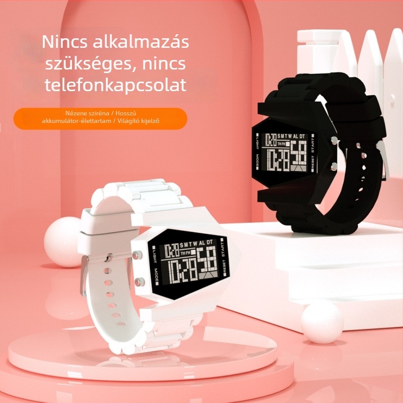 LCD-plasztikus többfunkciós diák sport elektronikus karóra LCD kijelzővel, szilikon szíjjal, műanyag tokkal, karikatúra-stílusú számlappal, repülőgép-mozgással