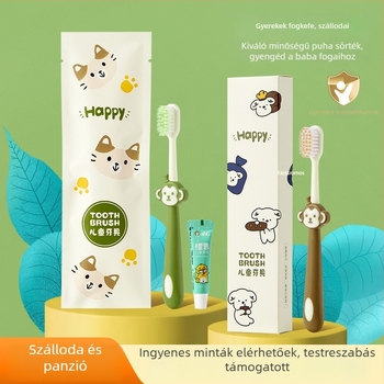 Gyermekeknek szóló egyszer használatos fogkefés és fogkrémes készlet, rajzfilm-stílus, műanyag, logónyomás elérhető, 1000 darabos doboz