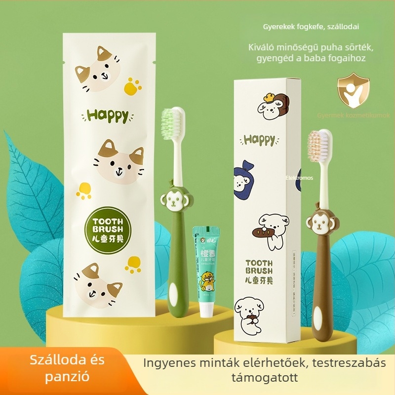 Gyermekeknek szóló egyszer használatos fogkefés és fogkrémes készlet, rajzfilm-stílus, műanyag, logónyomás elérhető, 1000 darabos doboz