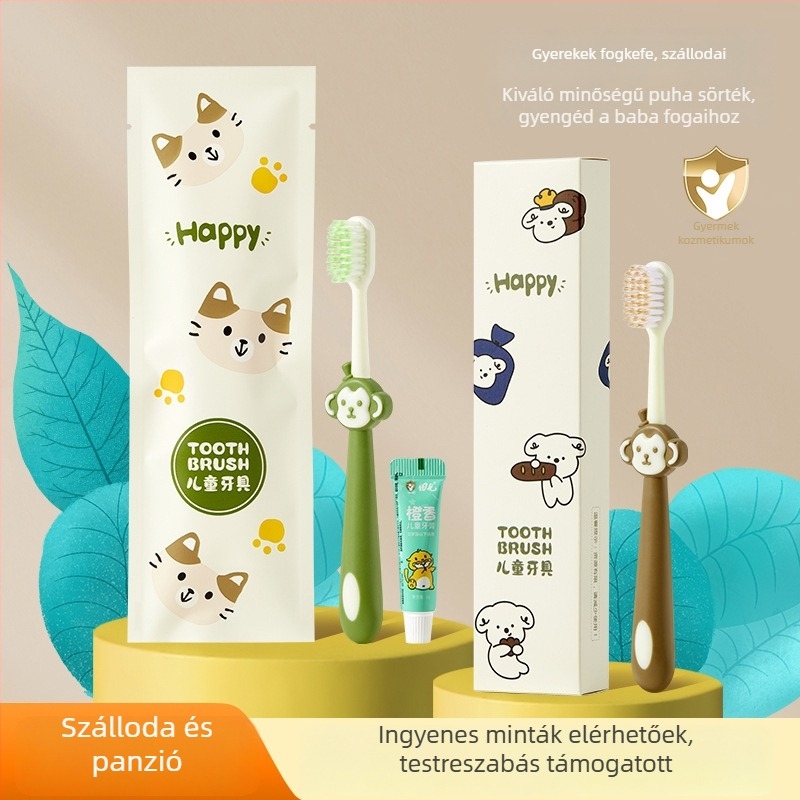 Gyermekeknek szóló egyszer használatos fogkefés és fogkrémes készlet, rajzfilm-stílus, műanyag, logónyomás elérhető, 1000 darabos doboz