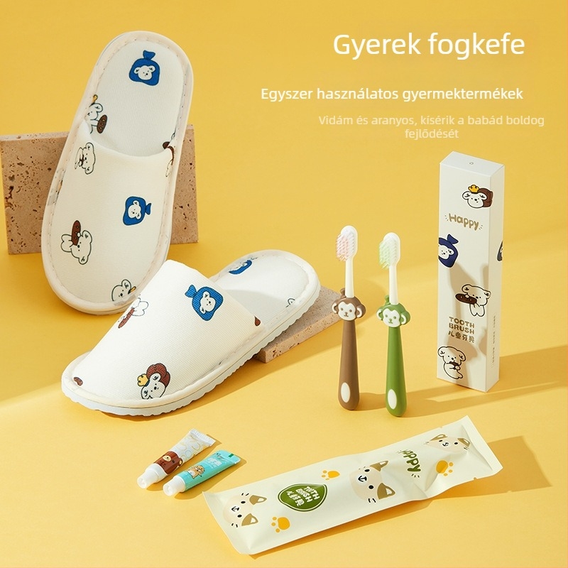 Gyermekeknek szóló egyszer használatos fogkefés és fogkrémes készlet, rajzfilm-stílus, műanyag, logónyomás elérhető, 1000 darabos doboz