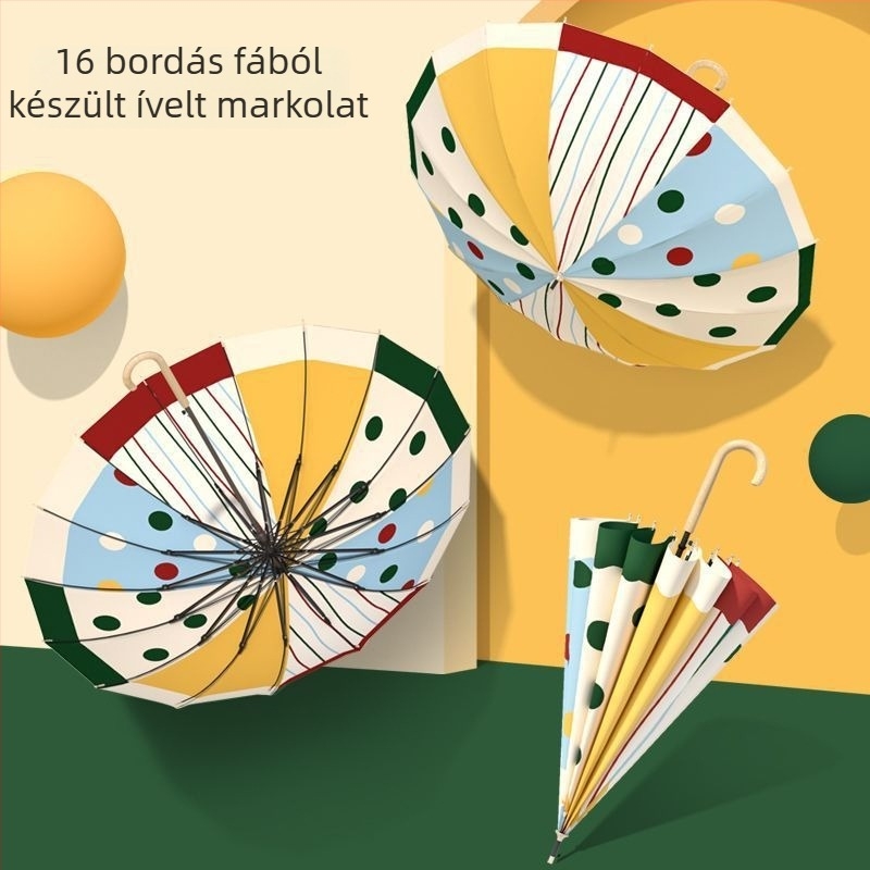 16 bordás hosszúnyelű esernyő – UV védelem UPF50+, egyenes dizájn, tölgyfa fogantyú, kézi nyitás
