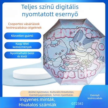 Reklám összecsukható esernyő nyomtatott logóval, testreszabható; 8 vas bordázatú váz, kézi nyitás-zárás; 190T anyagú vászon vinil ragasztással; műanyag fogantyú
