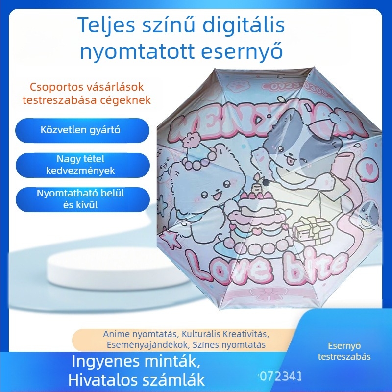 Reklám összecsukható esernyő nyomtatott logóval, testreszabható; 8 vas bordázatú váz, kézi nyitás-zárás; 190T anyagú vászon vinil ragasztással; műanyag fogantyú