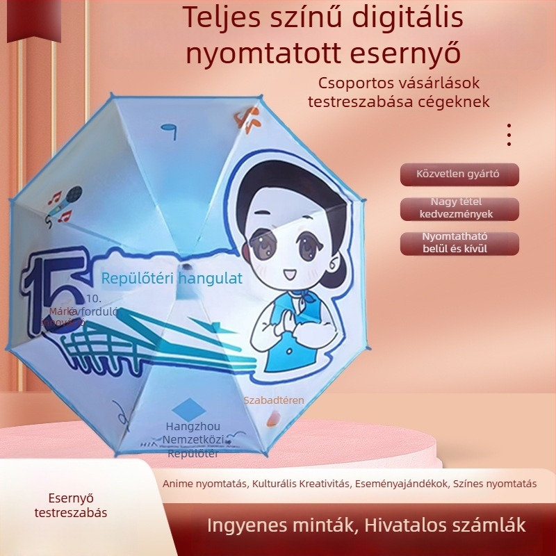 Reklám összecsukható esernyő nyomtatott logóval, testreszabható; 8 vas bordázatú váz, kézi nyitás-zárás; 190T anyagú vászon vinil ragasztással; műanyag fogantyú