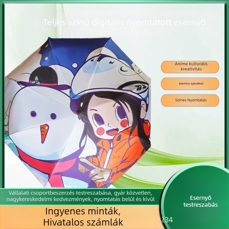 Reklám összecsukható esernyő nyomtatott logóval, testreszabható; 8 vas bordázatú váz, kézi nyitás-zárás; 190T anyagú vászon vinil ragasztással; műanyag fogantyú