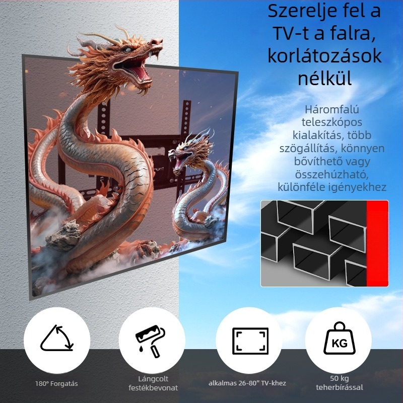 Fali TV-tartó kinyúló kettős karos, univerzális síkképernyős kijelzőkhöz, hideghengerelt acélból