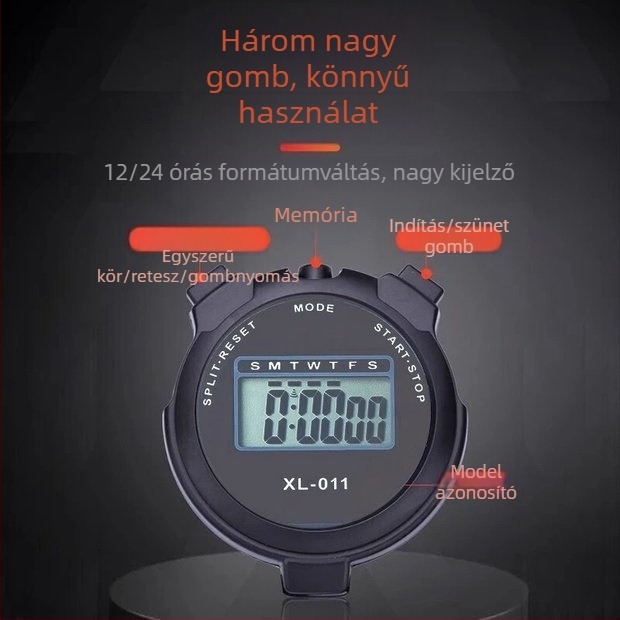 Elektronikus stopperóra kronográffal, LED kijelző, akkumulátoros működés, kerek műanyag tokozású ház
